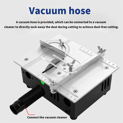 Solid Little Workhorse Compact Mini Table Saw With Variable Speed Trigger showing vacuum hose connection for dust-free cutting.