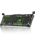 Slick 98 Key Wireless Mechanical Gaming Keyboard With Tri Mode Connectivity Bluetooth 5.4 And USB C Wired Hookups Featuring 8K Polling Rate For Lightning Fast Inputs And Tight Tactile Feels Straight Up Elevate Pro Desk Setup with green RGB lights.