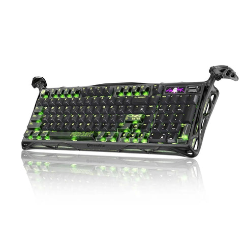 Slick 98 Key Wireless Mechanical Gaming Keyboard With Tri Mode Connectivity Bluetooth 5.4 And USB C Wired Hookups Featuring 8K Polling Rate For Lightning Fast Inputs And Tight Tactile Feels Straight Up Elevate Pro Desk Setup with green RGB lights.