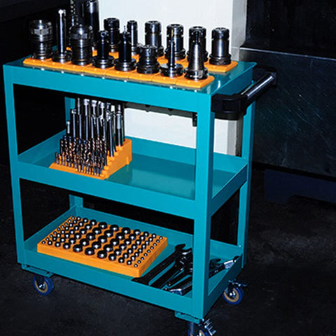 Heavy Duty Thickened Router Bit Storage Tray For ER25 ER32 C32 Collets Featuring 24 And 33 Millimeter Holes on tool cart.