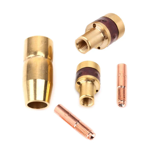 Mig Welding Gun Accessory Kit 0.030 Inch For M-10 M-15 H-9 H-10 Welders, includes brass nozzle, copper tips, and gas diffusers.