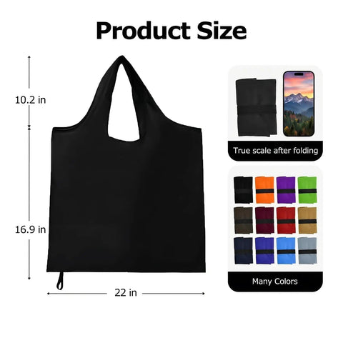 Ultra Lightweight Foldable Grocery Tote Bags Set Waterproof Reusable Shopping Bags For Groceries Nylon Tote Bags Pocket Fold Grab And Go 1 Pack 2 Pack Or 4 Pack Black, showcasing the product size and color options.