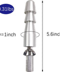 Front view: Reciprocating linear actuator, silver metal, 1 in diameter, 5.6 in length, mounted on a clamp stand.