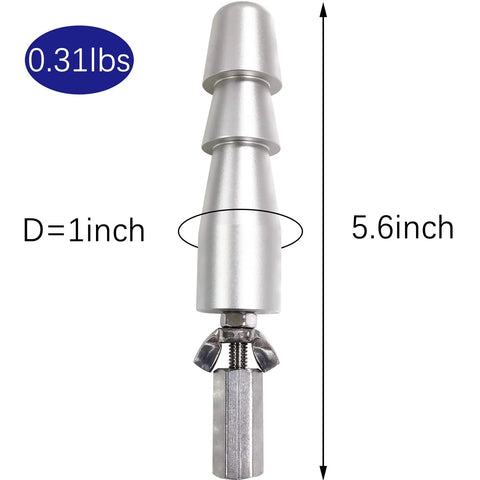 Front view: Reciprocating linear actuator, silver metal, 1 in diameter, 5.6 in length, mounted on a clamp stand.