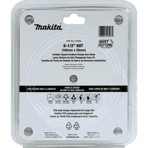 Packaging of Six And One Half Inch 60-Tooth TCG Carbide Tipped Cordless Plunge Saw Blade A-99998, showing blade details.