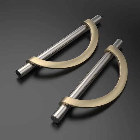 10 Pack Brushed Satin Nickel And Gold Cabinet Pulls With 5 Inch Hole Centers Prime Kitchen Drawer Handles and cupboard hardware on dark surface.