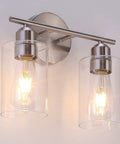 Two Light Brushed Nickel Bathroom Vanity Light with Clear Glass Shades, Indoor Wall Sconce Fixture for Over Mirror, E26 Base