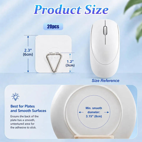 Totally Slick No Drill Wall Plate Hangers For Display And Photo Frame Mounting With Effortless Peel Stick Design For Stress Free Home Decor Setup Including Twenty Piece Square Hook Set Measuring 2.4 Inches Wide