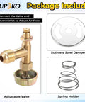 Brass Propane Gas Control Valve With 3/8 Inch Male Flare Thread And M10x1 Metric Thread, package contents of valve, damper, and spring holder