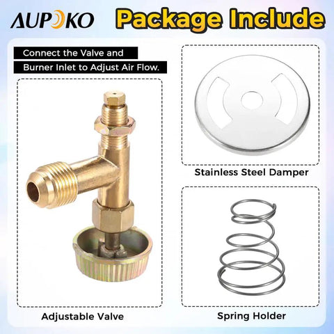 Brass Propane Gas Control Valve With 3/8 Inch Male Flare Thread And M10x1 Metric Thread, package contents of valve, damper, and spring holder
