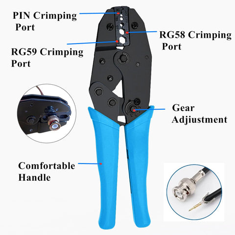 Close-up of Beefy BNC Crimp Tool Kit with highlighted crimping ports, comfortable handle, and gear adjustment for RG58 cables.