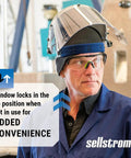 Person wearing Advantage Face Shield With Crown And Ratchet Headgear For Work Grinding And Cutting ANSI Z87.1 with window up