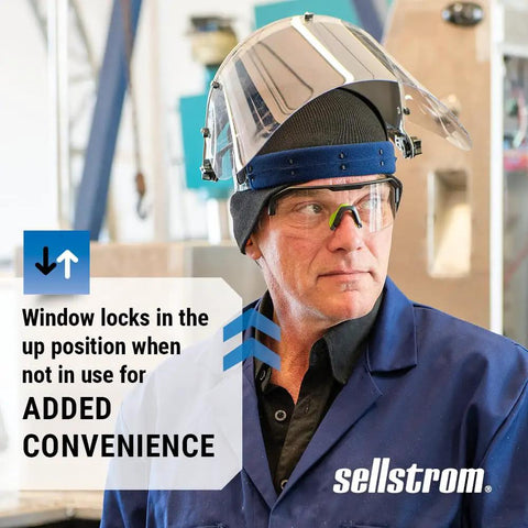 Person wearing Advantage Face Shield With Crown And Ratchet Headgear For Work Grinding And Cutting ANSI Z87.1 with window up