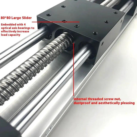 Close-up of Dual Shaft Ball Screw Linear Motion Stage With Stepper Motor Precision Electric Cross Slide Module 1000 Millimeter Stroke components.