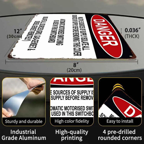 12 By 8 Inch Aluminum Danger Sign For Multiple Power Supply Warning Rugged Built Tough Metal Plaque With Bold Color Graphics For Indoor Outdoor Use Ideal Electrical Safety Message On Industrial Installations, angled view with size and pre-drilled corners