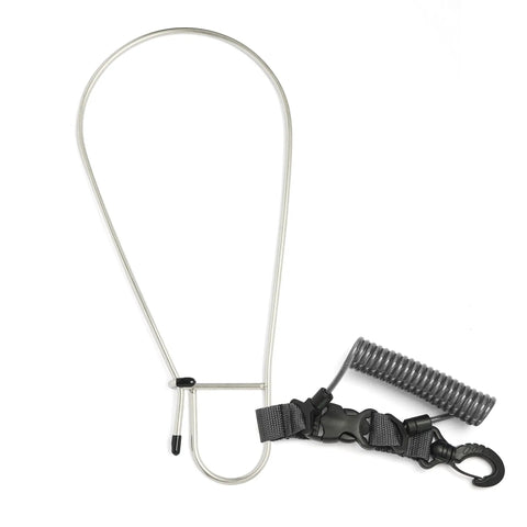 Offshore Kayak And Spearfishing Stainless Steel Fish Stringer Clip With 36 Inch Steel Core Lanyard for speargun use, coiled lanyard visible.