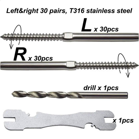 3/16 Inch T316 Stainless Steel Cable Railing Hardware System Kit For Wood Posts Swage Lag Screws Left And Right 30 Pairs