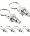 Six Pack Retractable Spring Plungers With Pull Ring M10 X 1.5 Thread, stainless steel, 58mm length, 24mm ring diameter.