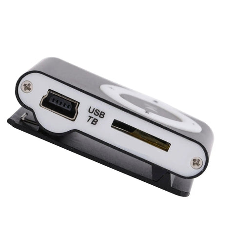 Close-up of Go To Pocket MP3 Player For On The Go Tunes showing USB port and memory card slot, clip-on design, lightweight black.