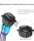 Close-up of a black momentary polarity reverse switch, showing wired connections and waterproof layer, type DPDT.