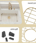 Collage showing Stainless Steel Sink Grid For Kitchen Sinks 26 1/8 By 14 1/16 Inches, gold color, round corner, center drain hole.