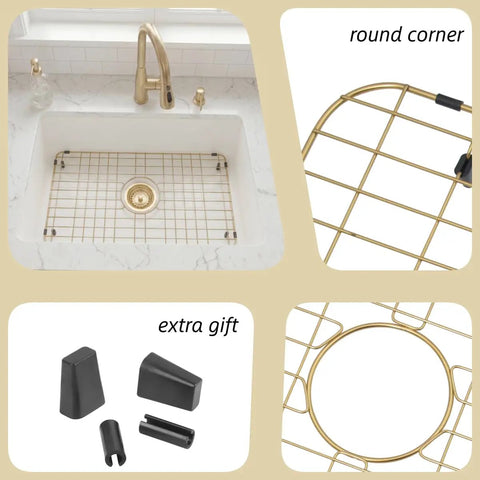 Collage showing Stainless Steel Sink Grid For Kitchen Sinks 26 1/8 By 14 1/16 Inches, gold color, round corner, center drain hole.
