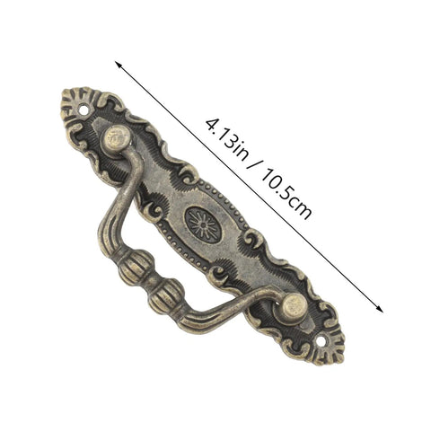 Four Pack Vintage Cabinet Pulls And Wardrobe Knobs Set Antique Zinc Alloy Drawer Handles For Kitchen Cabinets Dressers And Furniture Rustic Retro Hardware Built For Easy Home Renovation, close-up of a single pull measuring 4.13 inches