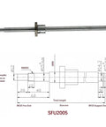 Diagram of 20mm CNC Ball Screw Kit SFU2005 RM2005 Anti Backlash Ball Screw 1500mm with nut and dimensions