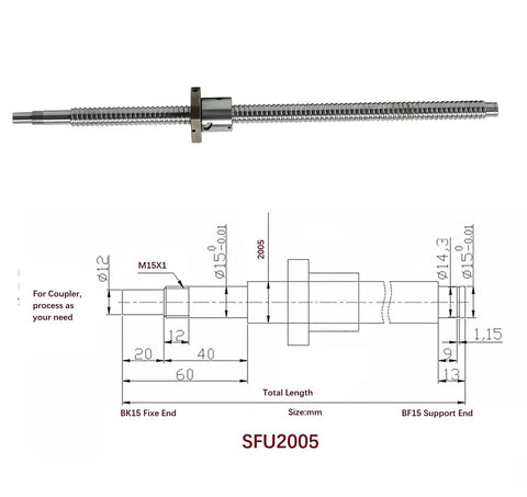 Diagram and image of Beefy 20mm CNC Ballscrew Kit SFU2005 RM2005 Anti Backlash With 1650mm Long Ball Screw Nut