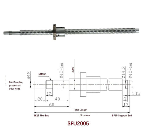 20mm CNC Ballscrew Kit SFU2005 RM2005 Anti Backlash For Nema 34 Motor L 64.96 Inch 1650mm With BK BF15 Bearing Blocks Plus Coupler And Housing, SFU2005 shaft and dimensions