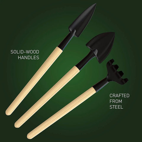 All In One Bonsai Tool Kit With Bonsai 101 Book And Fabric Storage Holder includes wooden rake and steel spades with wood handles.
