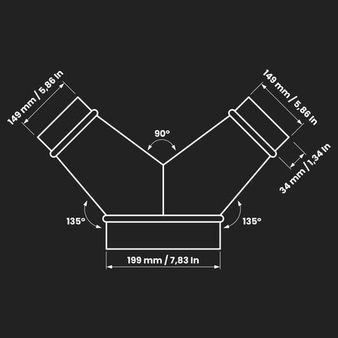 Diagram of an 8 Inch To 6 Inch Y Shape Duct Splitter With Two 45 Degree Branches Galvanized Steel 3 Way Dust Collection Fitting