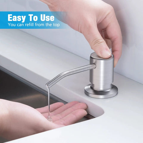 Built In Kitchen Sink Soap Dispenser And Lotion Dispenser In Brushed Nickel With 17 Oz Bottle being refilled easily