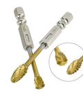 Top Shelf Tungsten Carbide Rotary Burrs With Kickin Cutting Speed And Quarter Inch Hex Shank For Precision Metal Wood Grinding. Close-up of two carbide burrs with hex shanks.