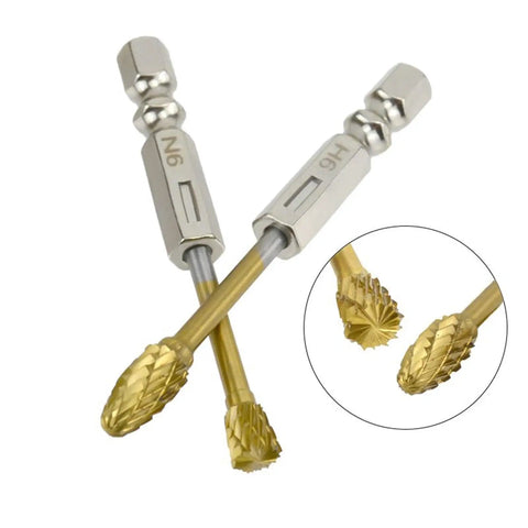 Top Shelf Tungsten Carbide Rotary Burrs With Kickin Cutting Speed And Quarter Inch Hex Shank For Precision Metal Wood Grinding. Close-up of two carbide burrs with hex shanks.