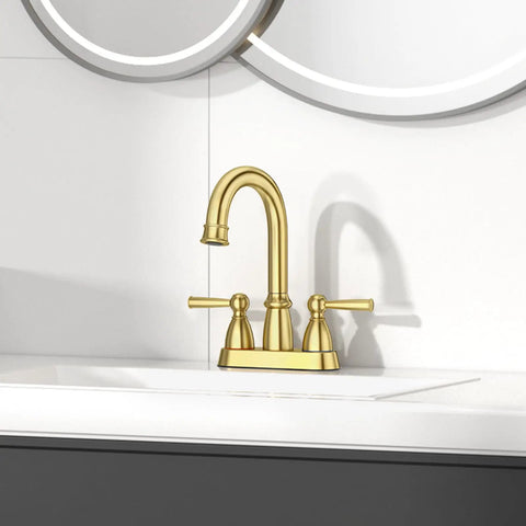 Brushed Gold Bathroom Faucet With 4 Inch Centerset Two Hole Design, Double Handles, Pop Up Drain, 360 Degree Swivel Spout, ABS Aerator