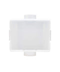 Universal Washer Hookup Box With Center Drain Outlet And Raised Drip Guard Featuring Heavy Duty Recessed Plumbing Frame No Valve Included No Brainer Setup Ready To Rock For Laundry Rooms, top view in white plastic.