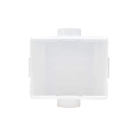 Universal Washer Hookup Box With Center Drain Outlet And Raised Drip Guard Featuring Heavy Duty Recessed Plumbing Frame No Valve Included No Brainer Setup Ready To Rock For Laundry Rooms, top view in white plastic.