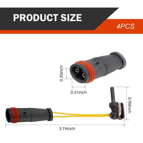 Side view of Opuweiy brake pad sensor set, black housing with red seal and yellow wires, 3.74-inch length, 4PCS
