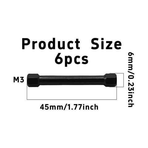 Sweet 6-Piece M3 X 45MM Hex Aluminum Standoff Spacer Columns dimensions, showing size and hex shape for RC plane projects.
