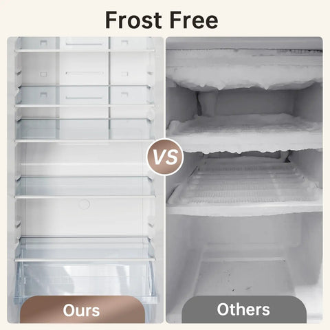 Massive Convertible Upright Freezer And Refrigerator Combo, 21.2 Cubic Feet stainless steel interior comparison with frost build-up.