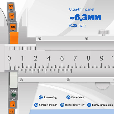 Industrial Grade 24V Relays For DIN Rail Mount, Ultra Slim 0.19 Inch Relay Module with measurement showing 6.3mm thickness
