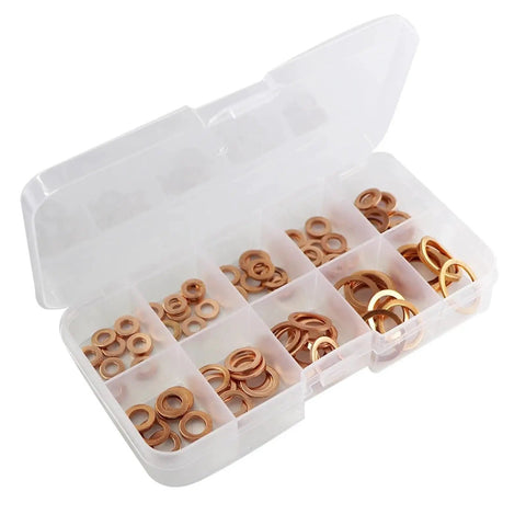 Killer Flat Copper Washers Complete Set With Nuts And Bolts For Sump Plug Seals Engine Repair Heat Resistant Universal Fit Fits M8 To M14 Sizes Fixing Leaks Critical Sealing Parts Easy Install Best Quality Copper For Great Reliability Now in organizer box
