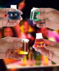 Hands holding mini beaker and flask shot glass set with realistic lab markings, perfect gift for chemistry and bio grads, 4 assorted.