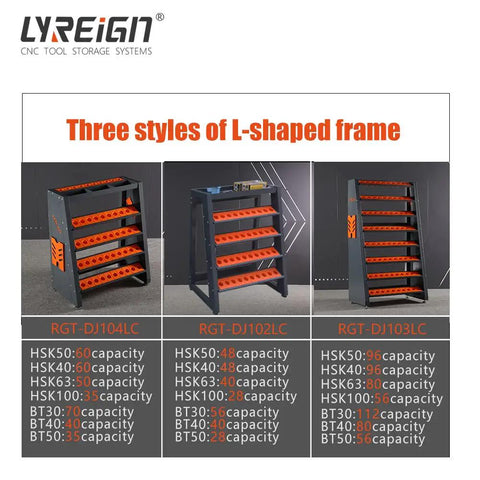 Three styles of CNC tool carts with L-shaped frames, showcasing storage capacity for HSK50-63 and BT30-50 tool holders, by LYREIGN.