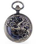 Dope Vintage Mechanical Steampunk Skeleton Pocket Watch With Carved Pattern Roman Numerals Hand Winding Movement Classic Hollow Case Chain And Box Included Distinctive Style For Everyday Wear featuring dragon design