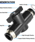 Diagram of 6mm OD Ball Valve Air Flow Control Valve Push To Connect Fitting BVU6, showing features like locking pin and stainless steel bolt.