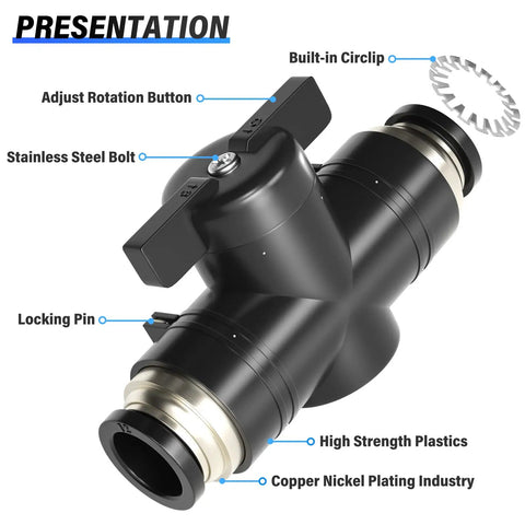 Diagram of 6mm OD Ball Valve Air Flow Control Valve Push To Connect Fitting BVU6, showing features like locking pin and stainless steel bolt.