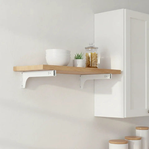 White Stainless Steel Slotted Shelf Bracket With Stud Alignment For Kitchen, Garage And Patio Shelving holding wooden shelf