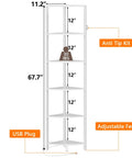 Diagram of Six Tier Corner Shelf With LED Light, 67.5 Inch Tall White Narrow Bookshelf showing dimensions and features